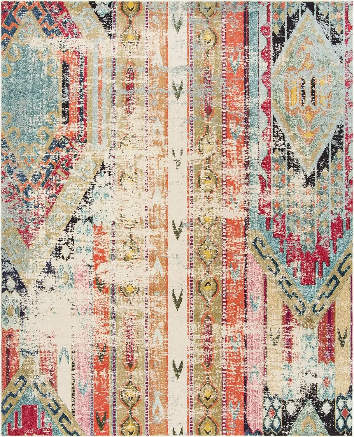 Safavieh Monaco Collection X-Large Area Rug - 12' X 16', Multi, Boho Chic Tribal Distressed Design, Non-Shedding & Easy Care,