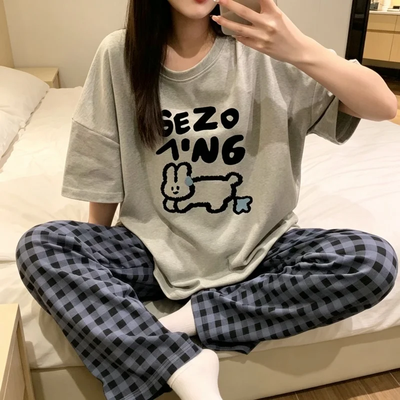 Women Print Loungewear Set, Short Sleeve Graphic T-Shirt and Plaid Wide Leg Pants, Casual Home Wear