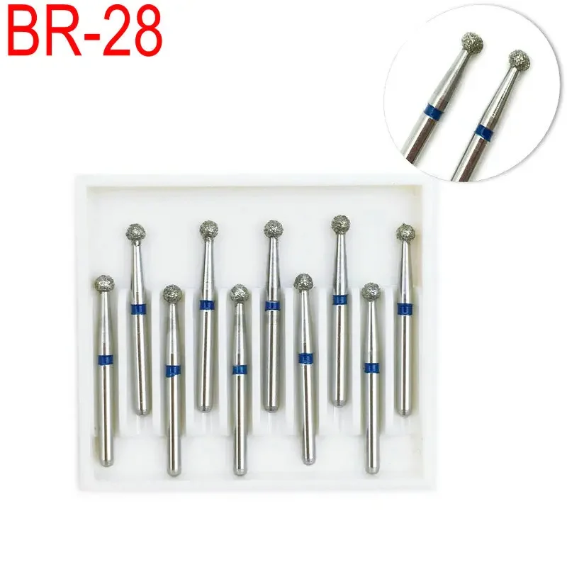 10pcs/set Dental Diamond Burs Drill Ball Round Type Burs Diamond Medium FG 1.6M for High Speed Handpiece BR-28