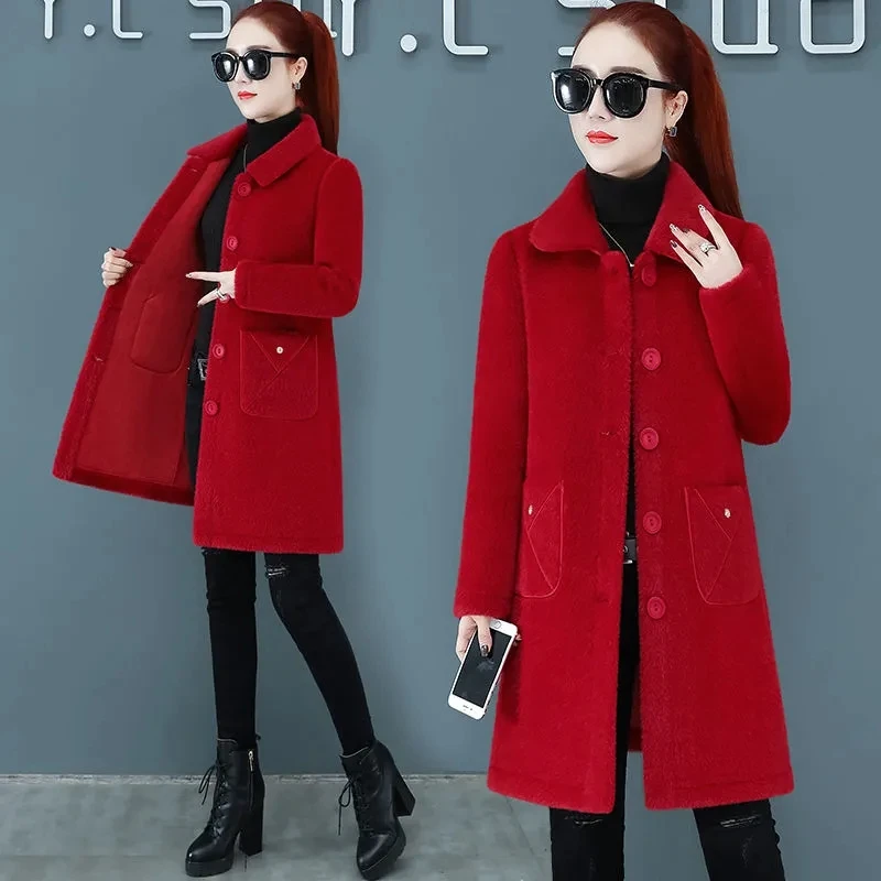 High End Imitation Mink Velvet Coat Women Winter Thick Warm Long Wool Overcoat Middle Aged Elderly Mother Fashion Woolen Jacket