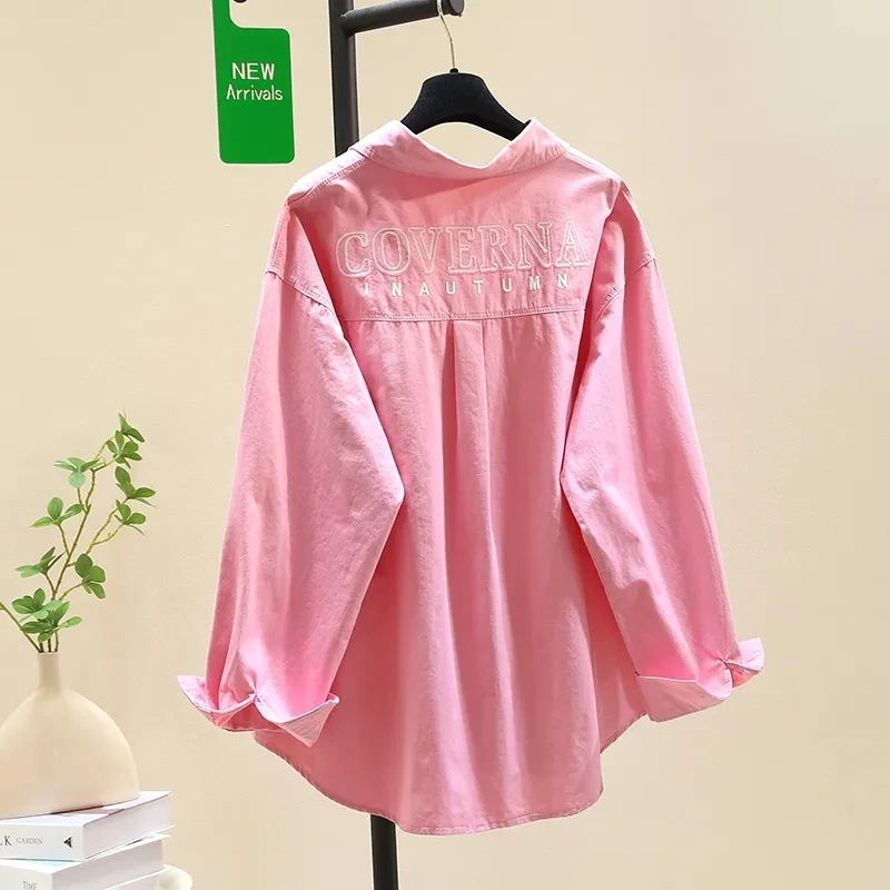 

100% хлопковая рубашка средней длины с вышитыми буквами, с длинными рукавами, для женщин, новая модная корейская версия 2026 года, свободный крой