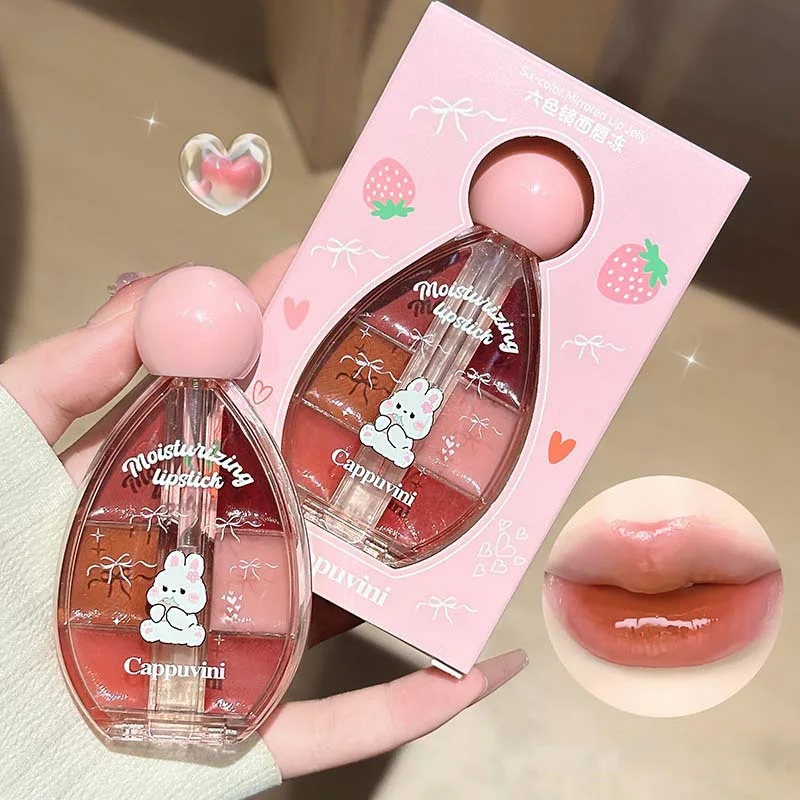 6 Color Mirror Lip Gloss Palette Moisturizing Jelly Lip Glaze Long Lasting Non-Sticky Water Light Lip Tint Cute Korean Makeup