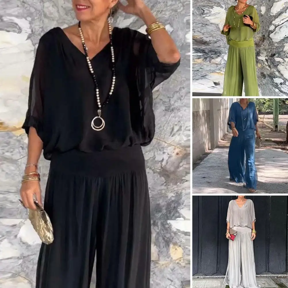 Wide-leg Pants Set Elegant V Neck Pleated Top Wide Leg Pants Set for Women Soft Comfortable Outfit with High Elastic Waist Bat