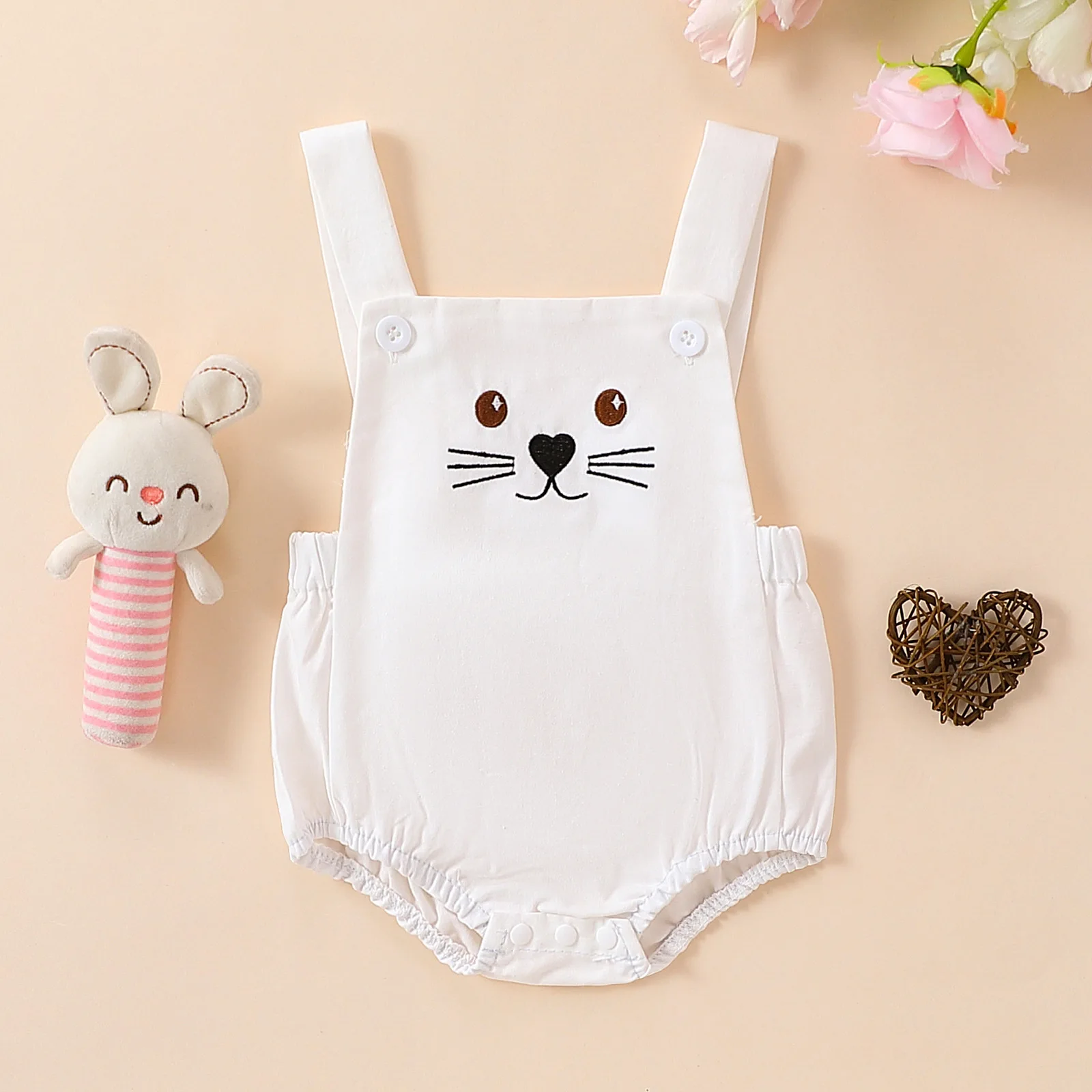 Summer Neutral Infant Easter Bunny Print Multicolor Triangle Suspender Romper