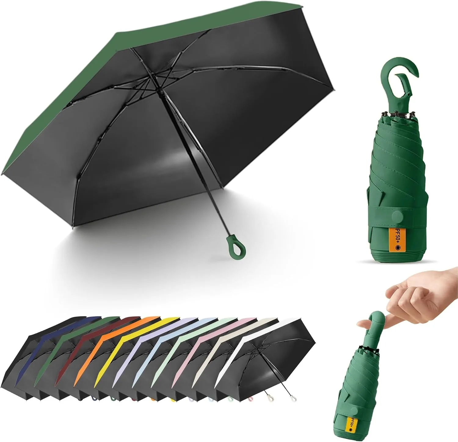 Canopy Moon Lightweight Mini Compact Folding Travel Umbrella for Women with Carabiner Ring Handle UPF 50+ UV Sun Rain Protection