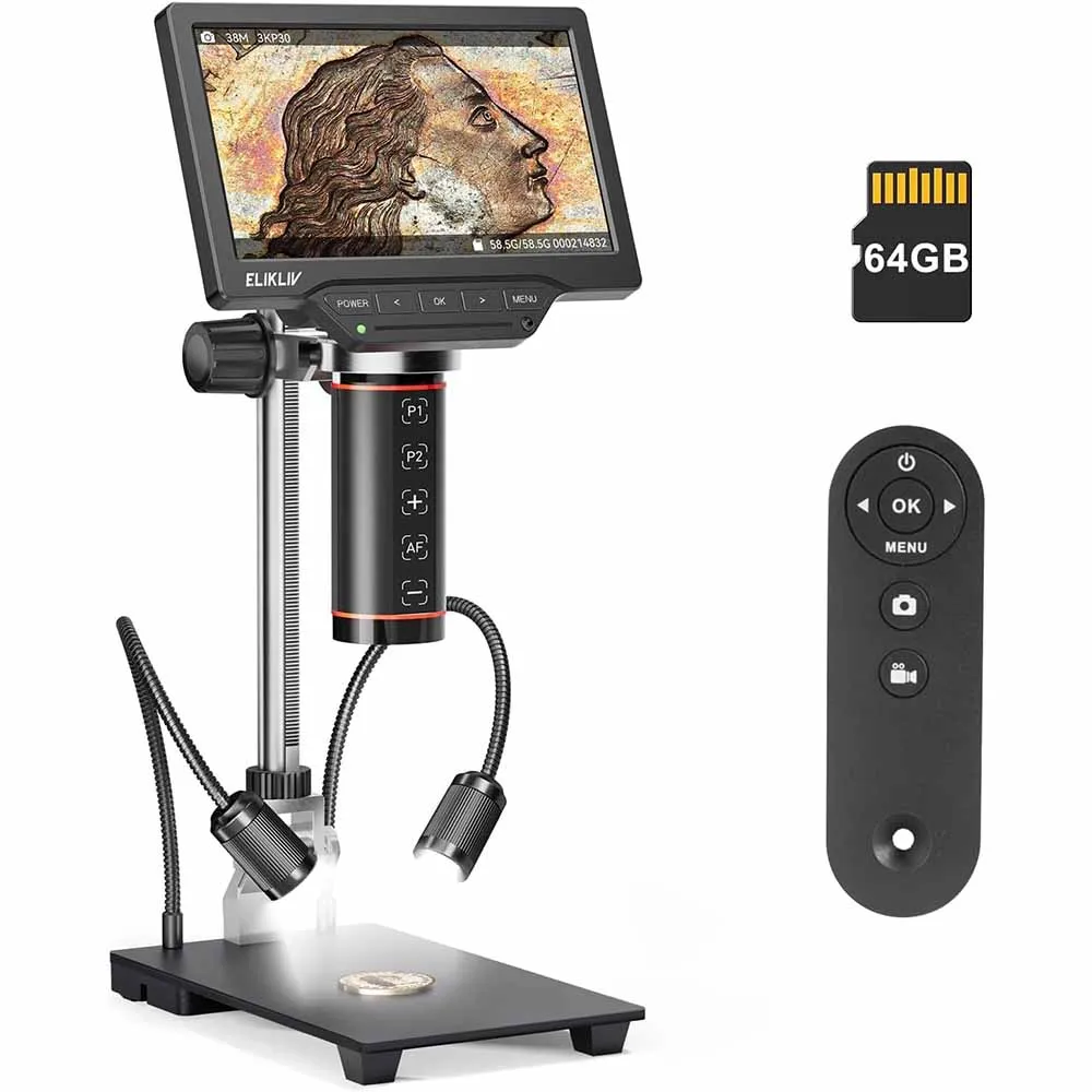 Microscopio Digitale Elikliv EM3K-AF 7'' con Autofocus 2000X 3K HDMI per Riparazioni Elettroniche con Supporto da 10'' e 64GB
