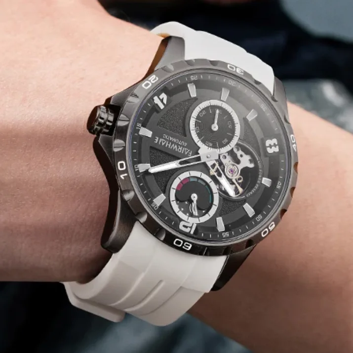 Mark Fairwhale Men Automatic Watch 43mm Mechanical Wristwatch Waterproof Luminous Skeleton Small Second Dial Moon Display