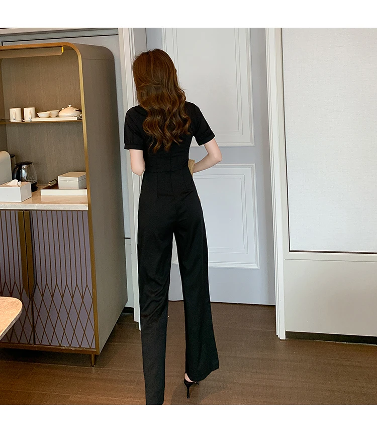 Women Jumpsuit Black Double Breasted Short Sleeve OL Work Wear High Waist Wide Leg One Piece Rompers with Pockets New