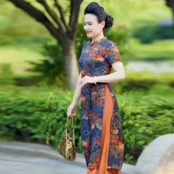 Women's Dress 2025 Summer Loose Ethnic Style Retro mom Outfit Improved Cheongsam Dress Print Medium Long A-line Skirt Commuting