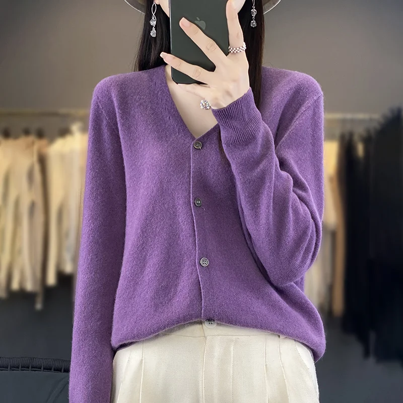 ฤดูใบไม้ร่วงฤดูหนาว 100 Merino ขนสัตว์เสื้อกันหนาว Elegant CASHMERE Pullover ผู้หญิง V คอยาวแขนยาวเสื้อถัก Basic เสื้อผ้าเสื้อจัมเปอร์