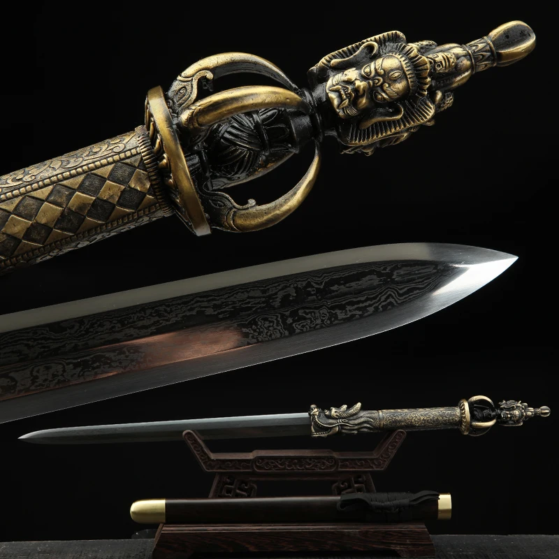Medieval Chinese Vajra Sword Folded Steel Damascus Blade Real Full Tang Sharp Ready Battle Samurai Swords Brass Dragon Katanas