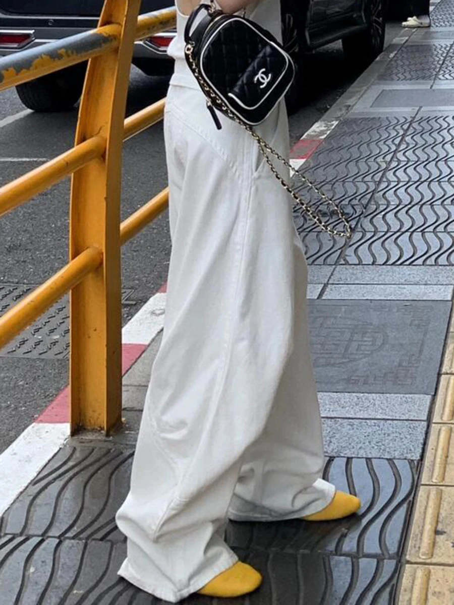 REDDACHIC الرجال الرجعية الأبيض برميل فضفاض الجينز عادية فضفاض منخفضة الخصر جيوب غرزة كلينفيت واسعة الساق الدنيم السراويل البضائع عمال