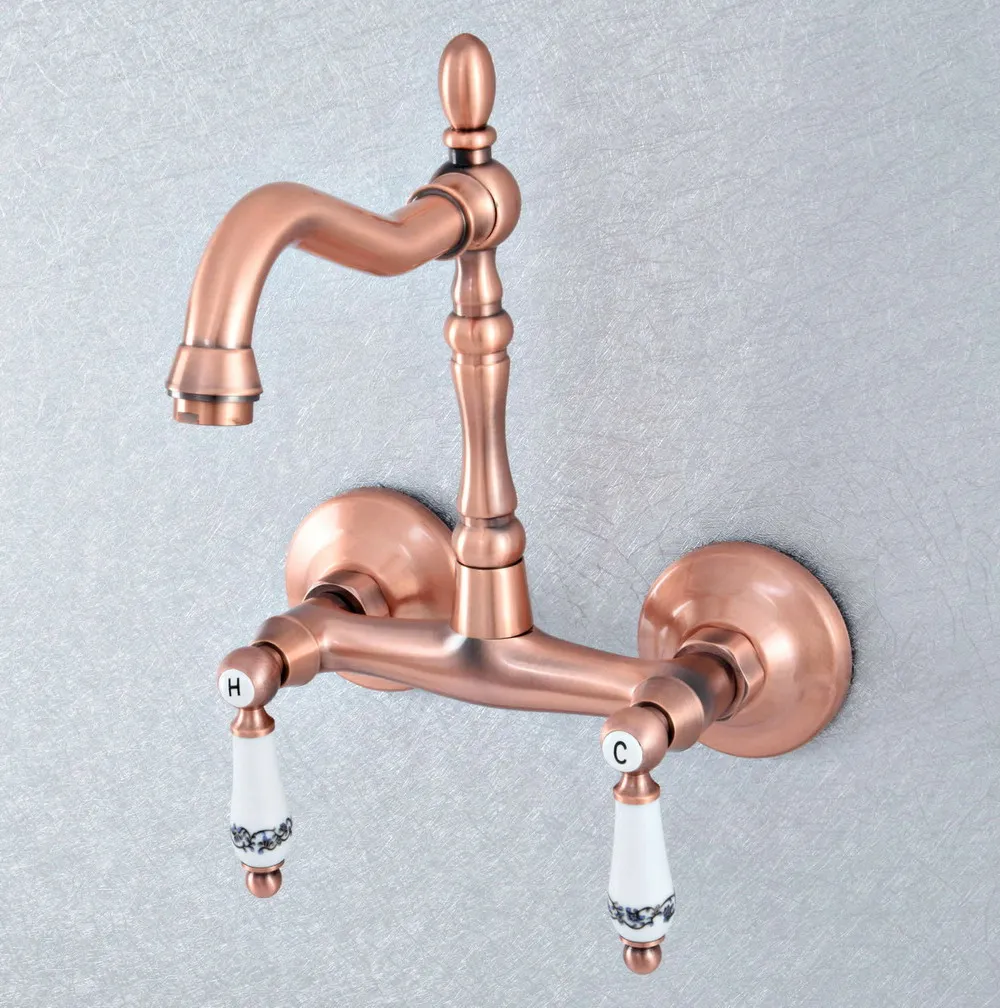 

Antique Red Copper Brass Wall Mounted Kitchen Wet Bar Bathroom Vessel Basin Sink Hot Cold Mixer Tap Swivel Spout Faucet msf894