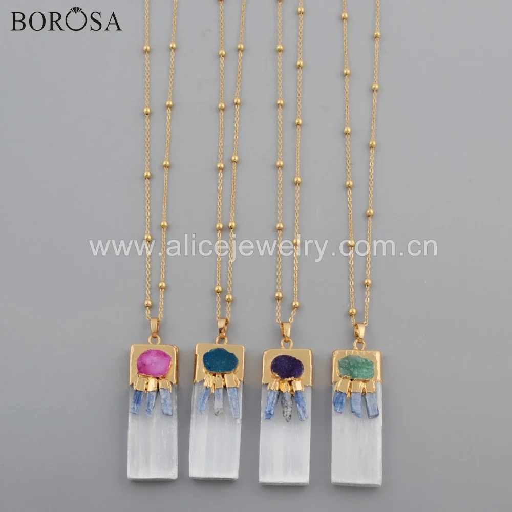 BOROSA Golden Plated Selenite Stone With Natural Kyanite Rainbow Agates Druzy Pendants Necklace Handmade Jewelry for Women Gifts