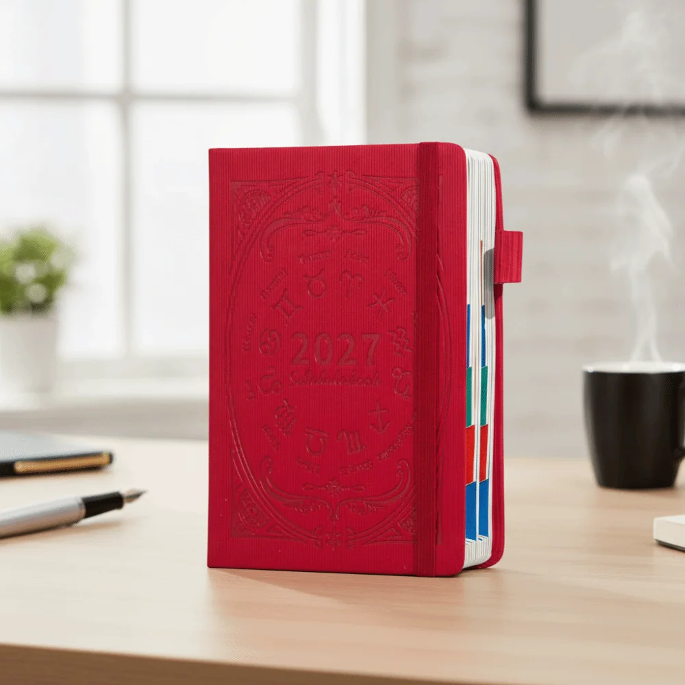 A5 2027 Constellation Pattern Calendar Notebook English PU Leather To-do List Notebook Wear-resistant Bookmark