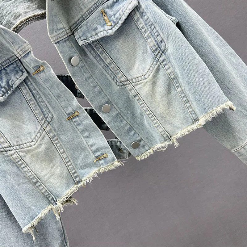 Fried Street Backless Denim Jackets Women\'s Outwear 2024 New Spring Summer Loose Slim Sexy Hollow Short Jeans Jacket Tops