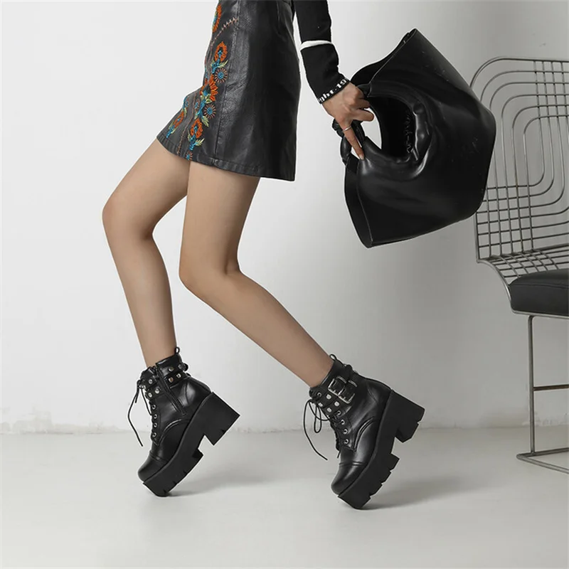 YMECHIC 2025 الخريف منصة سميكة القوطية حذاء من الجلد سيدة مشبك حزام عالية الكعب بوتاس الشرير الشارع دراجة نارية أحذية للنساء #2
