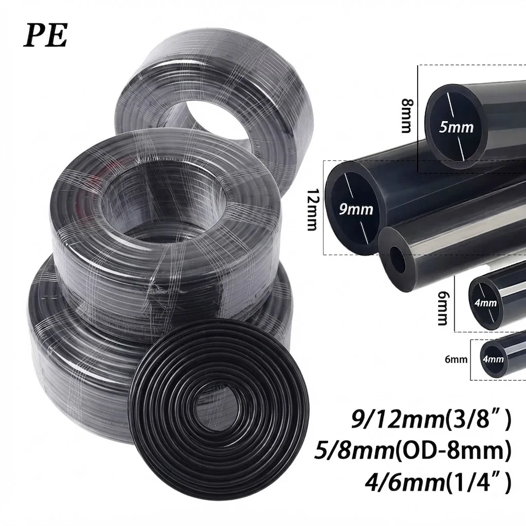 Garden Hose PE Drip Irrigation Pipe 4/6mm 5/8mm 9/12mm Black Watering Tube Pressure Proof 10/20/30/50M For Plant Watering