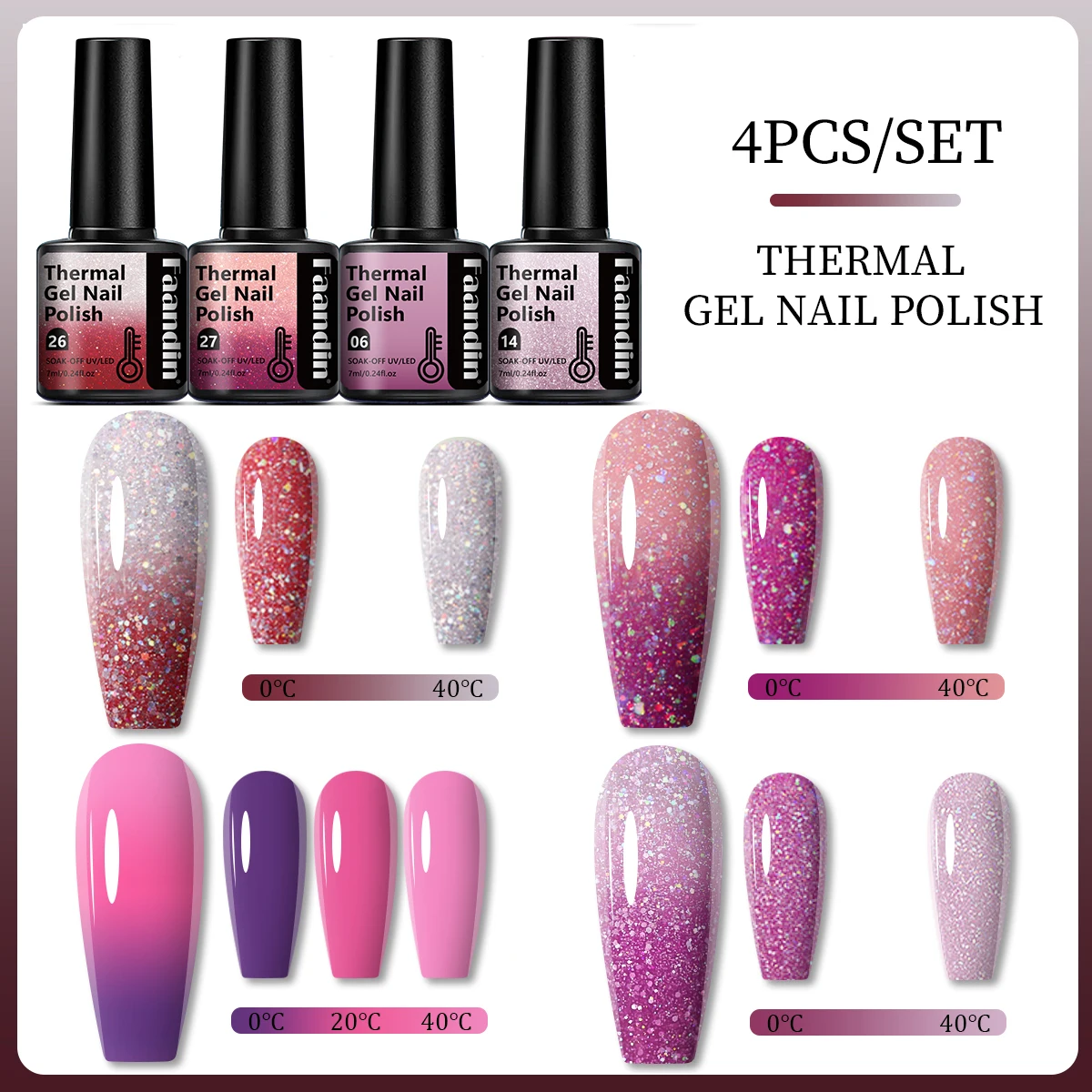 Faandin 4Pcs/Set 7ml*4 Pieces, the Thick Coating Effect Is Better When the Temperature Changes, Trendy and Colorful, Full Color, Temperature-Changing Gel Nail Polish Set, Perfect Gift, Strong and Long-Lasting, Not Easy to Fade, Easy to Apply and Remove, Essential Item for Proms, Parties, Art Salons, Wholesale Nail Polish Gel for Nail Salons