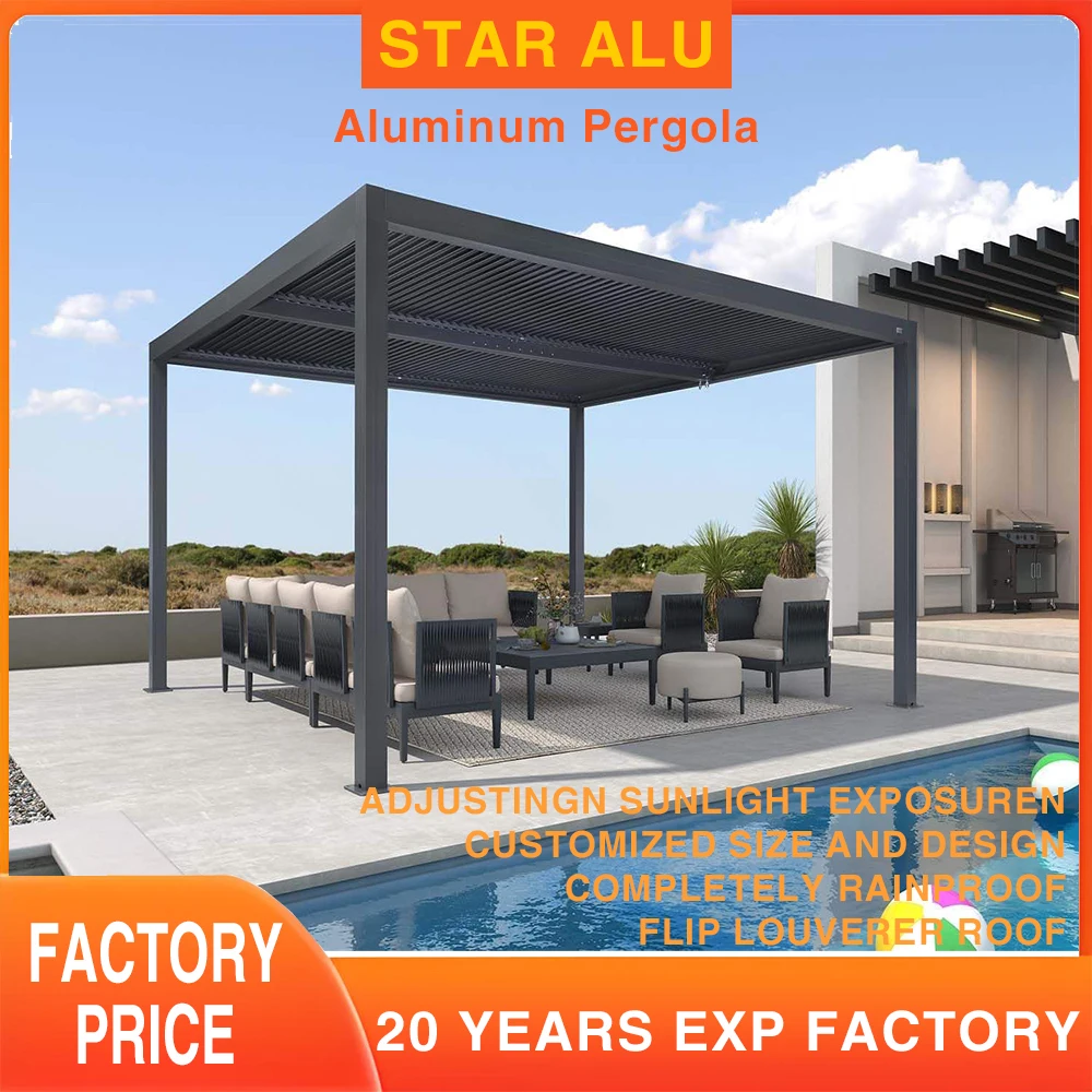 Bioclimatic Aluminum Pergola Customized Size With Electric Screen Set Louvered Pergola Aluminum Pergola 6063 T5 Gazebo Canopy
