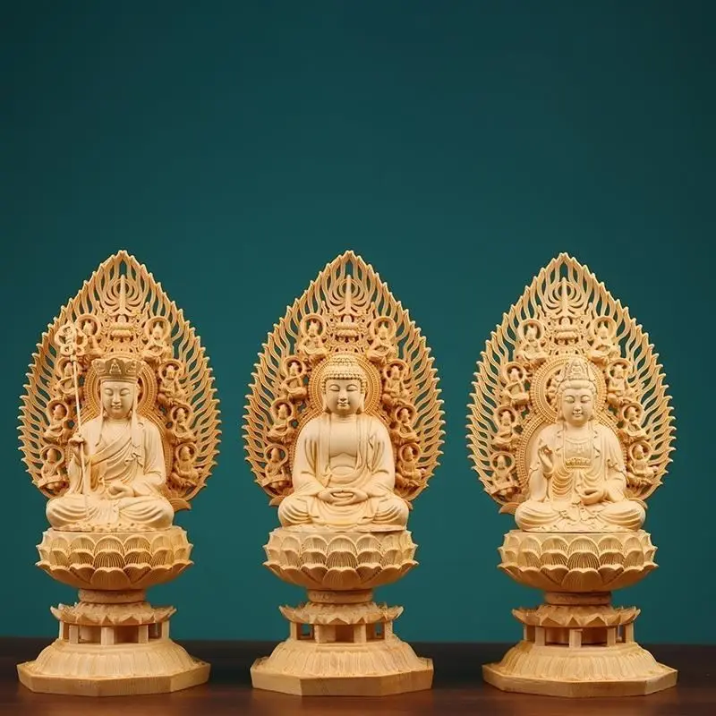 Cypress Wood Carved Buddha Statues Three Holy Ones Artwork Guanyin, Sakyamuni, and Ksitigarbha Home Decor