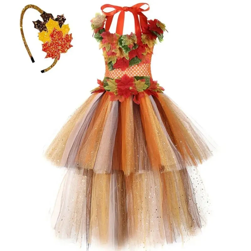 

Sparkly Maple Leaf Princess Dresses for Girls High Low Twinkle Tutus Outfit with Train for Kids Fall Autumn Halloween Costumes