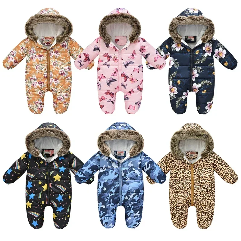 Winter Warm Baby Rompers Toddler Girl Overall Jumpsuit Hooded Zipper Fur Collar Baby Boys Romper Kids Clothes Girl Romper