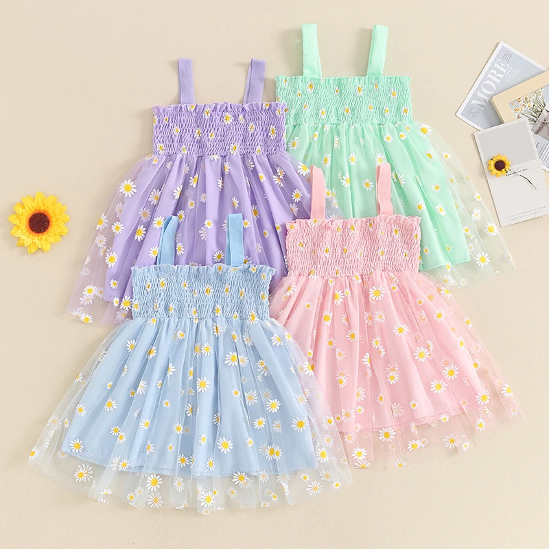 

Toddler Baby Girls Slip Dress Summer Sleeveless Flowers Print Pleated Mesh Tulle A-Line Princess Dress for Birthday Party Daily