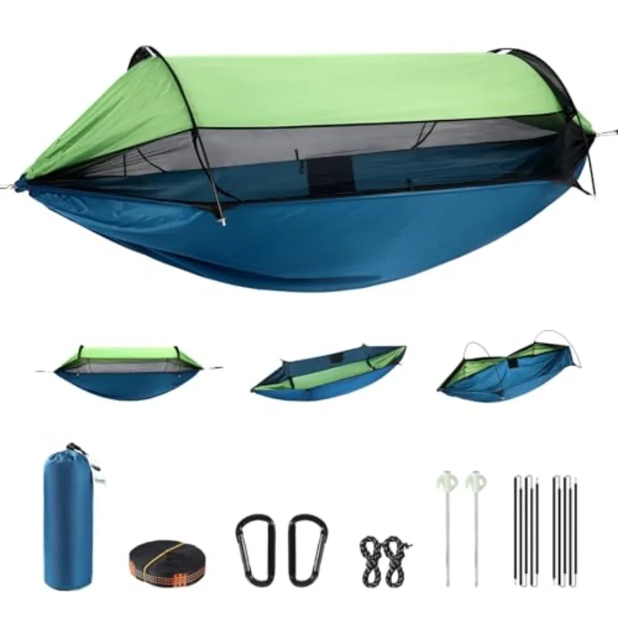 

Camping hammock for outdoor use, 210T nylon, gray, lightweight with integrated mosquito net and rain/sun protection