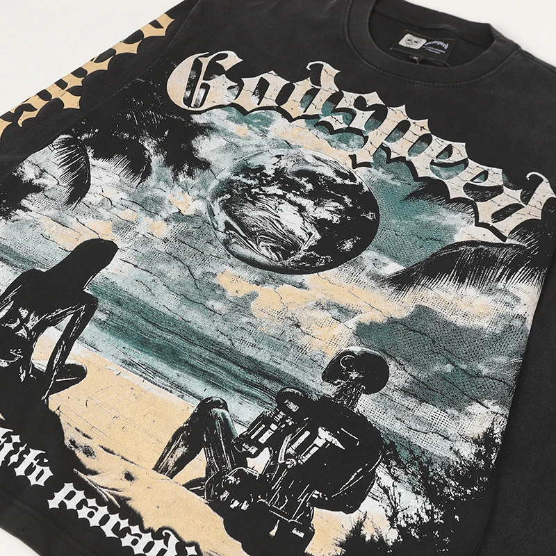 2025 خريف شتاء جديد Godspeed تي شيرت طويل الأكمام شاطئ البحر عرض طباعة الرجال الرجعية الهيب هوب الجمجمة غسلها تفعل القديمة تي شيرت #3