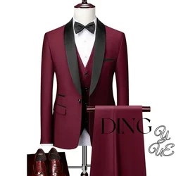 Men's Lapel Black Collar 3 Piece Suit Set Coat Vest Trousers Business Groomsmen Groom Wedding Dress Men Formal Blazer Pants