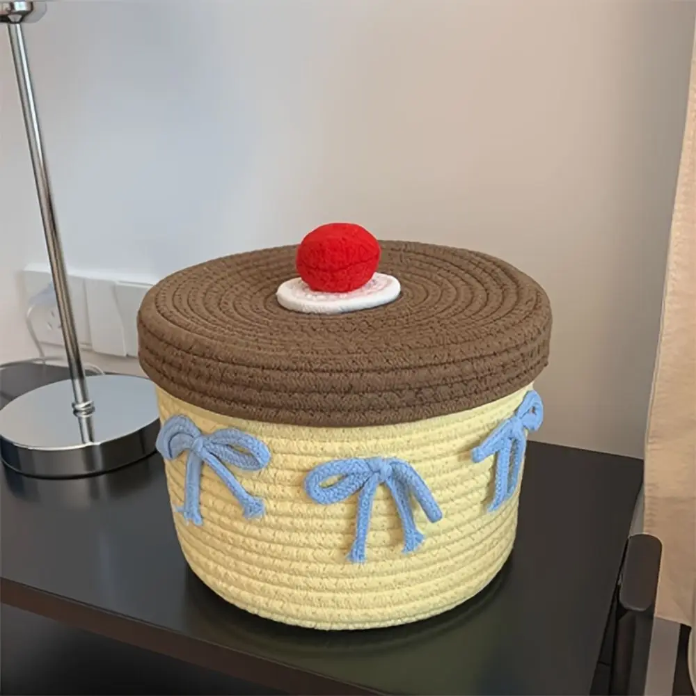 Decorative Cotton Thread Woven Storage Basket Handwoven Yellow Storage Basket with Lid Dustproof Round Round Storage Box Shelf
