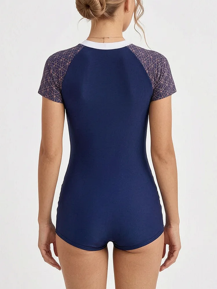 Short Sleeve Zip Front One Piece Swimsuit with Shorts Boyleg Swimwear Women Geometric Print Rash Guard Training Swimming Suits