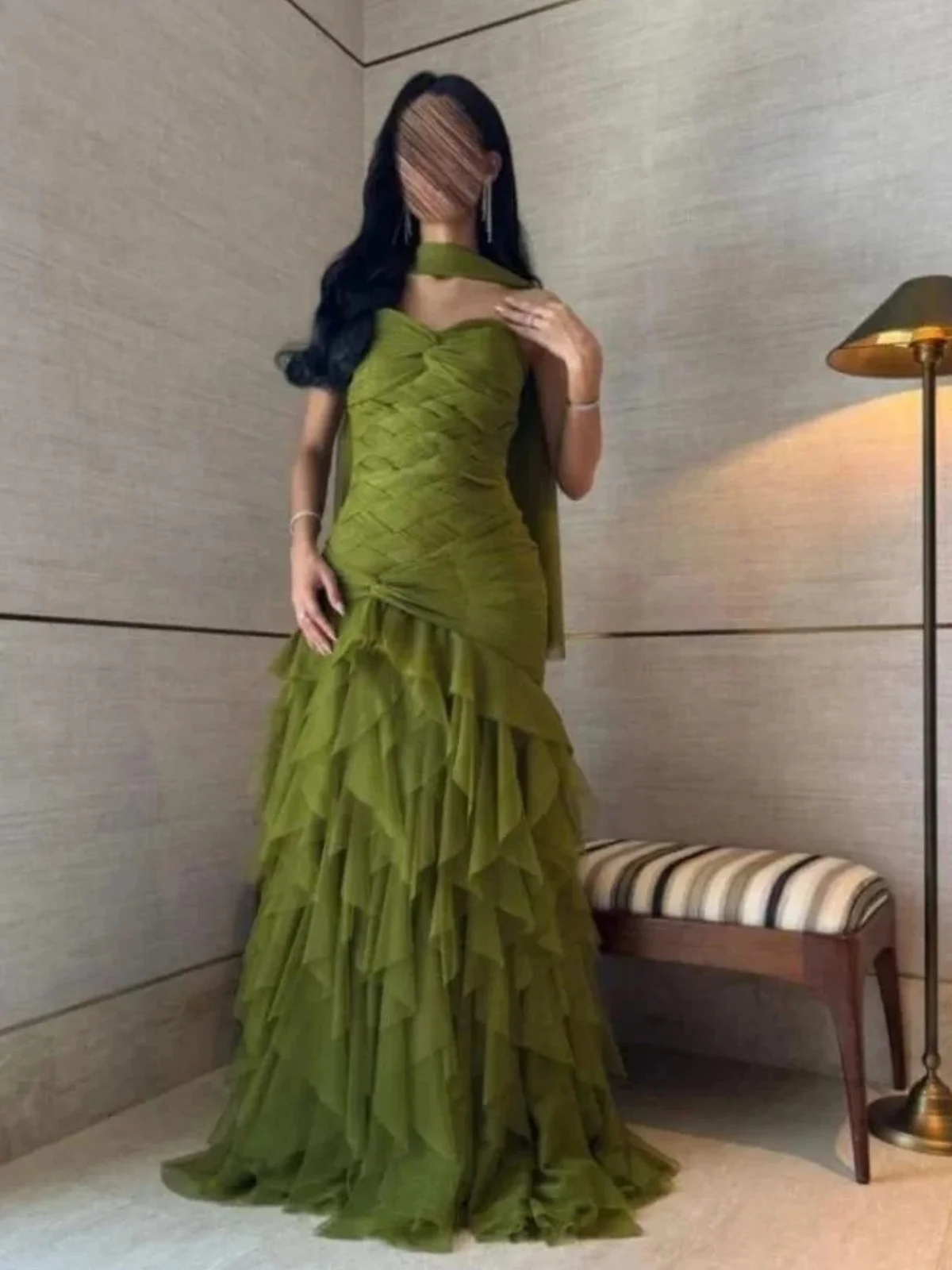 

Simple Green Arabic Evening Dresses A Line Pleats Sleeveless Women Prom Gowns for Formal Ruffles Customized Wedding Guest Gowns