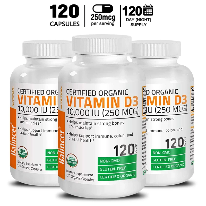 Vitamin D3 10.000iu (250 Mcg) Ergänzung, Immununterstützung, gesunde Muskelfunktion und Knochengesundheit – gentechnikfrei, 30/60/120 Kapseln