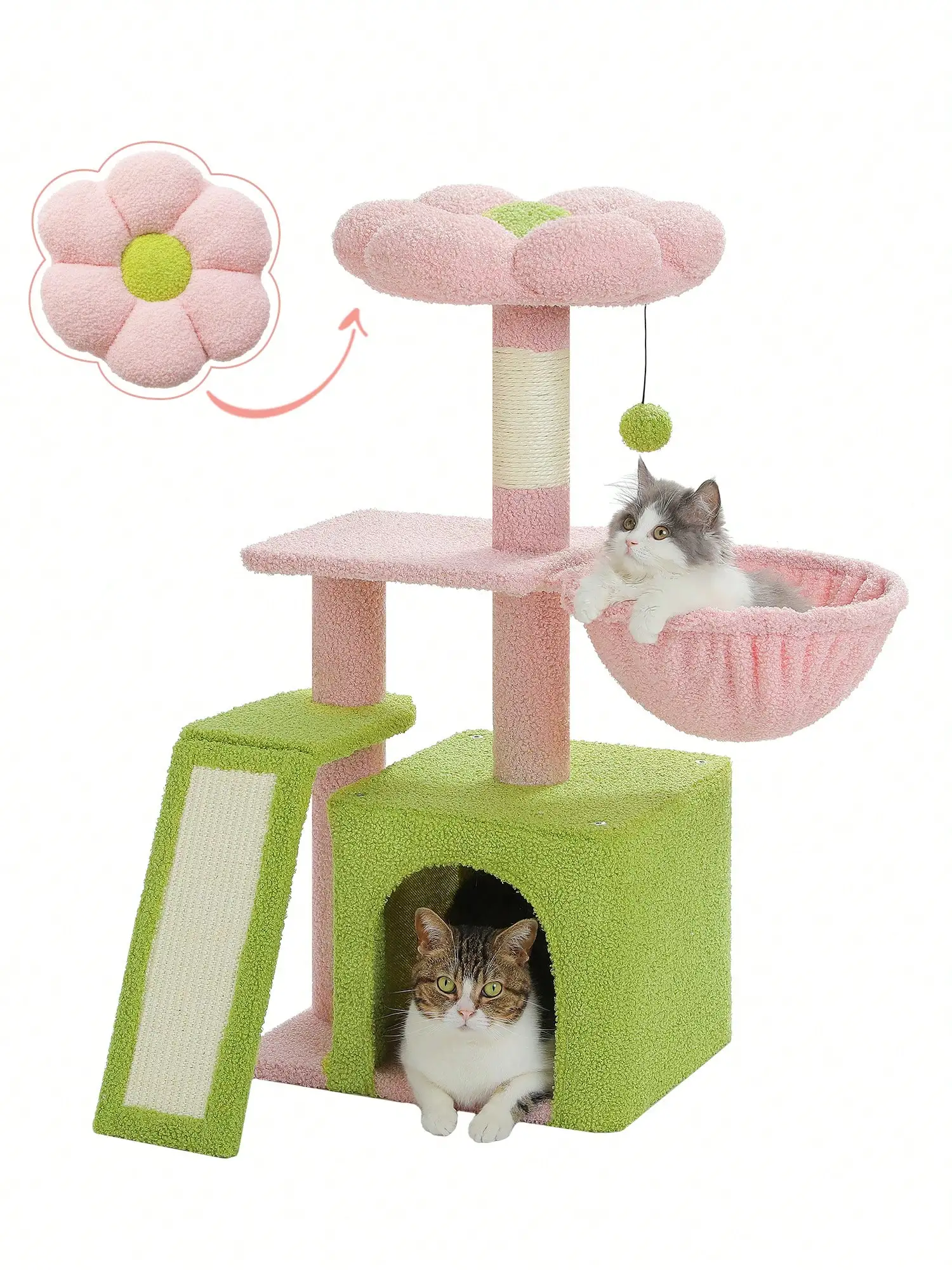 Road Cat Tree For Indoor Cats, 31.5'' Small Flower Cat Tower Condo With Sisal Scratching Ramp, Cozy Hammock And Removable Flower Cat Bed Perch For Kittens - view 2