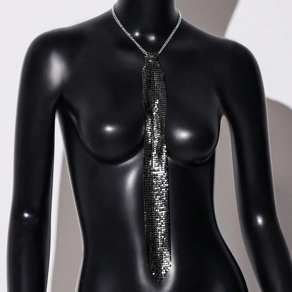 Shiny Narrow Crystal Rhinestone Neck Tie Adjustable Soft Metal Sequin Necktie Gold Necklace Glitter Cravat Party