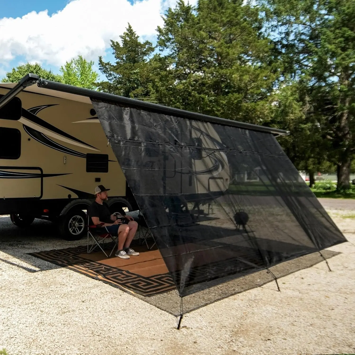 

RV Awning Shade Screen with Zipper, 8'X13'3" Black Mesh UV Blocker for Campers and Trailers