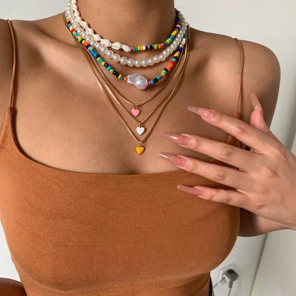 Faux Pearl Multi Layer Necklace Shell Heart Pendant Beach Vacation Stackable Sturdy Refined Jewelry Women Silver Plated