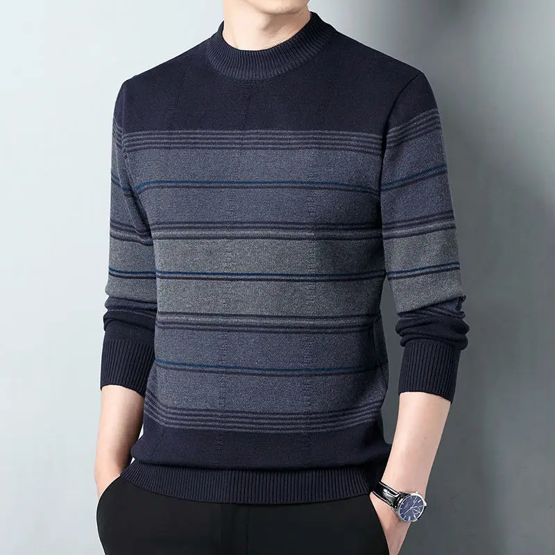 

Autumn and Winter Men's Fleece Thicker Stripe Sweater Coat Round Neck Warm Pullover Quality Male Slim Knitted Wool Sweaters F103