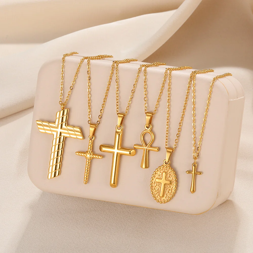 Kreuz-Halskette für Frauen, klassischer Kreuzkragen, goldfarben, ägyptischer Nil, Ankh-Halsband, Edelstahl-Kette, ästhetischer Schmuck, Geschenk