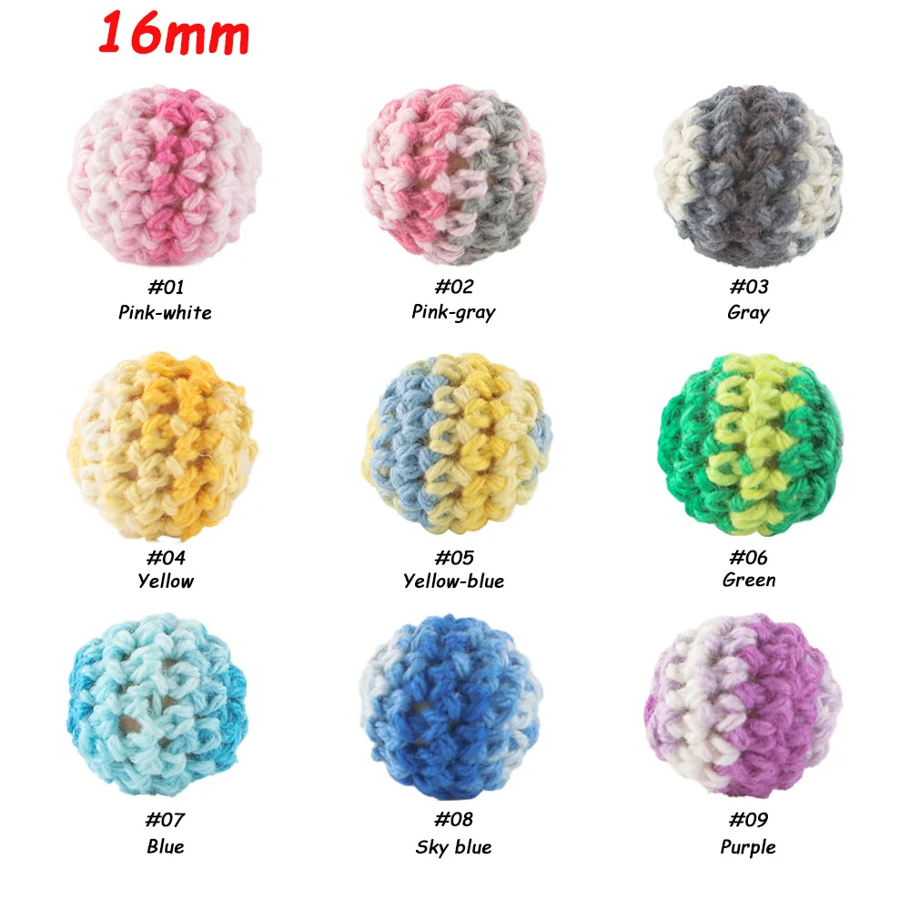 16MM Colorful Crochet Ball Knitting Crochet Round Wooden Bead Handmade Ball DIY Necklace Jewelry Organic Teething Bracelet Beads