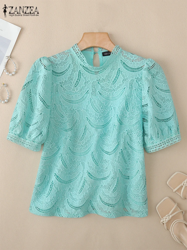 

ZANZEA Элегантная шикарная ажурная кружевная лоскутная блузка женская с воротником-стойкой и короткими пышными рукавами однотонные топы женская одежда 3 цвета