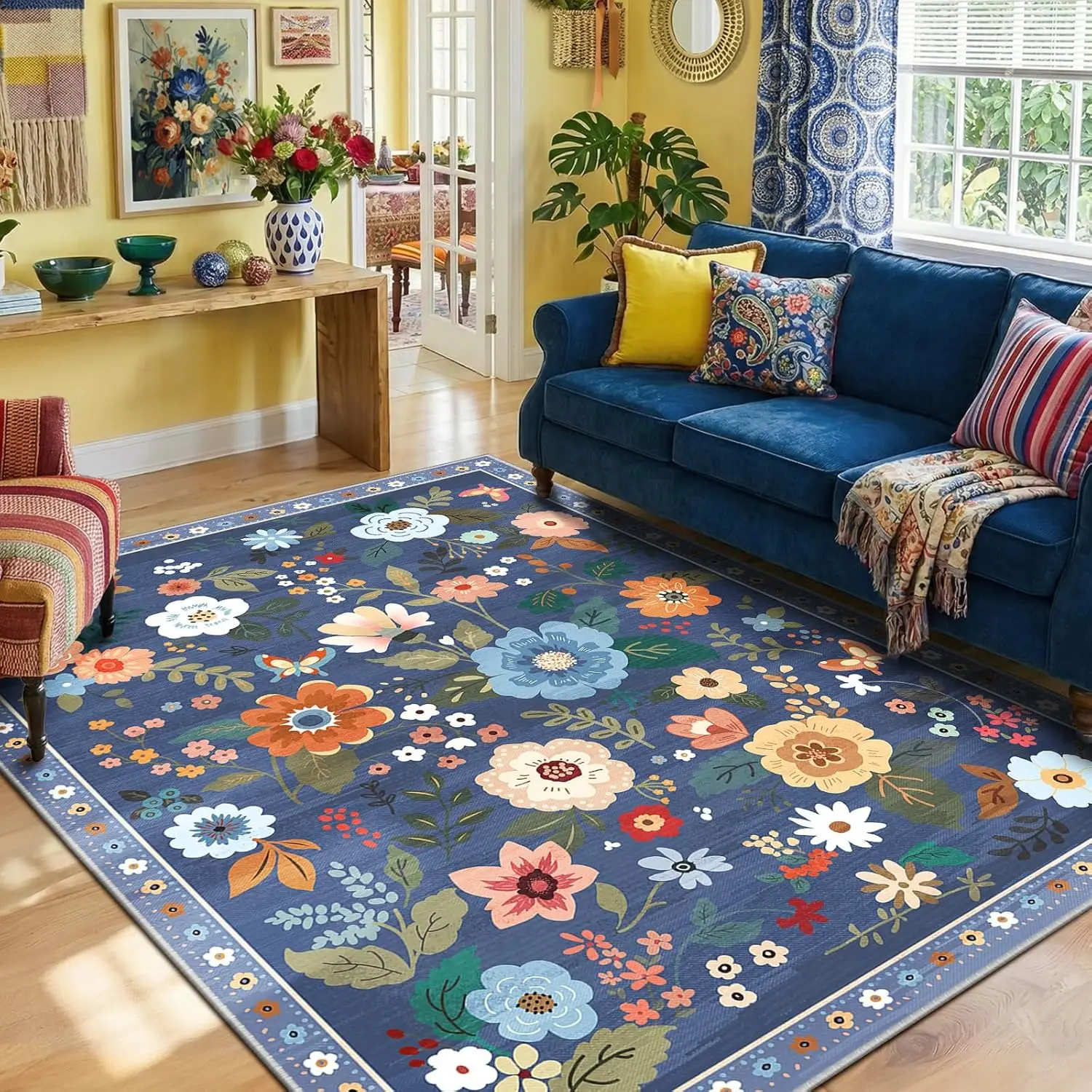 Washable Blue Grey Floral Area Rug, Soft Boho Non Slip Print Carpet, Cute Nursery Rug for Living Room Bedroom Kitchen