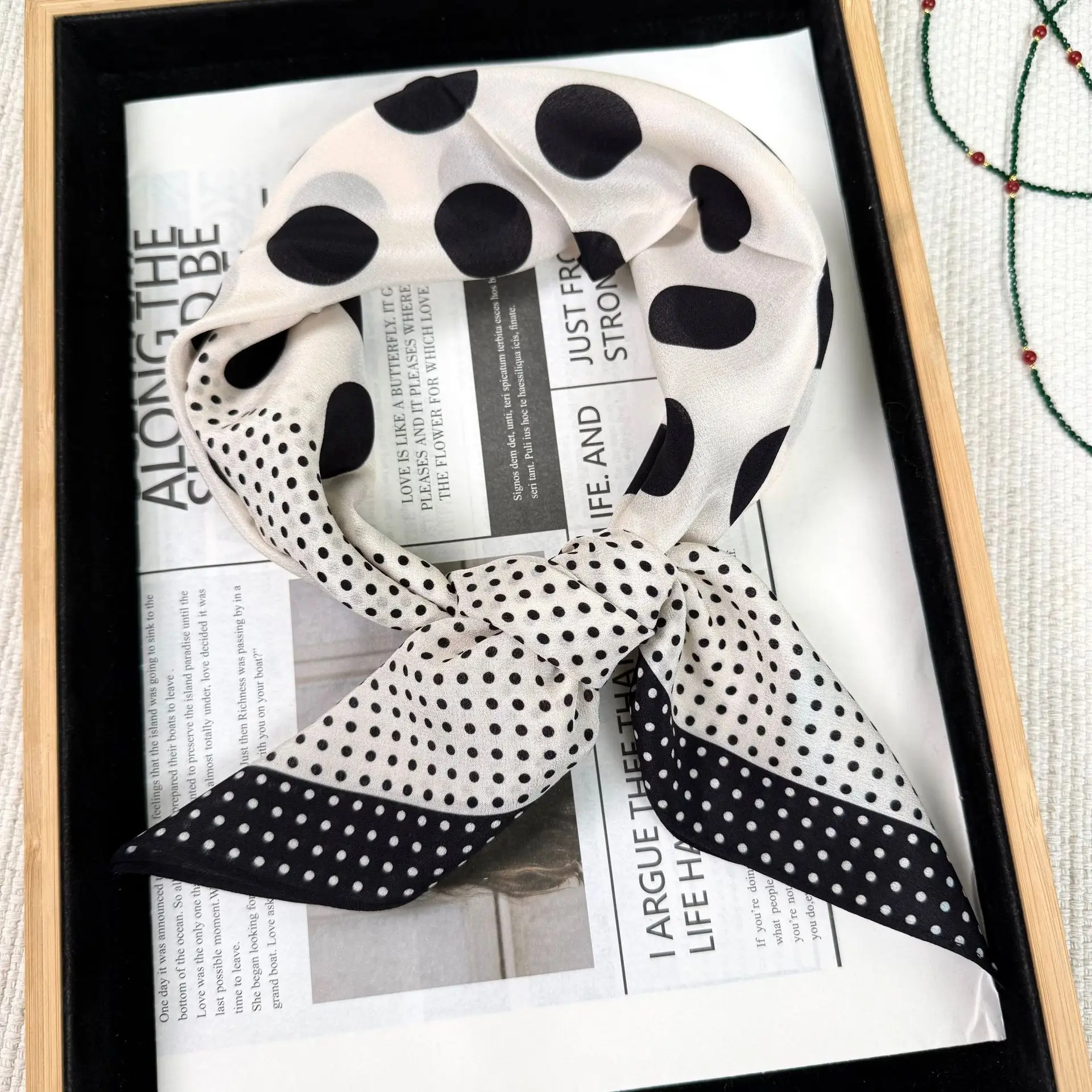 2026 Women Two Size Polka Dot 100% Silk Square Scarf Black White Contrast Dots Silk Bandana Neck Head Handbag Scarf