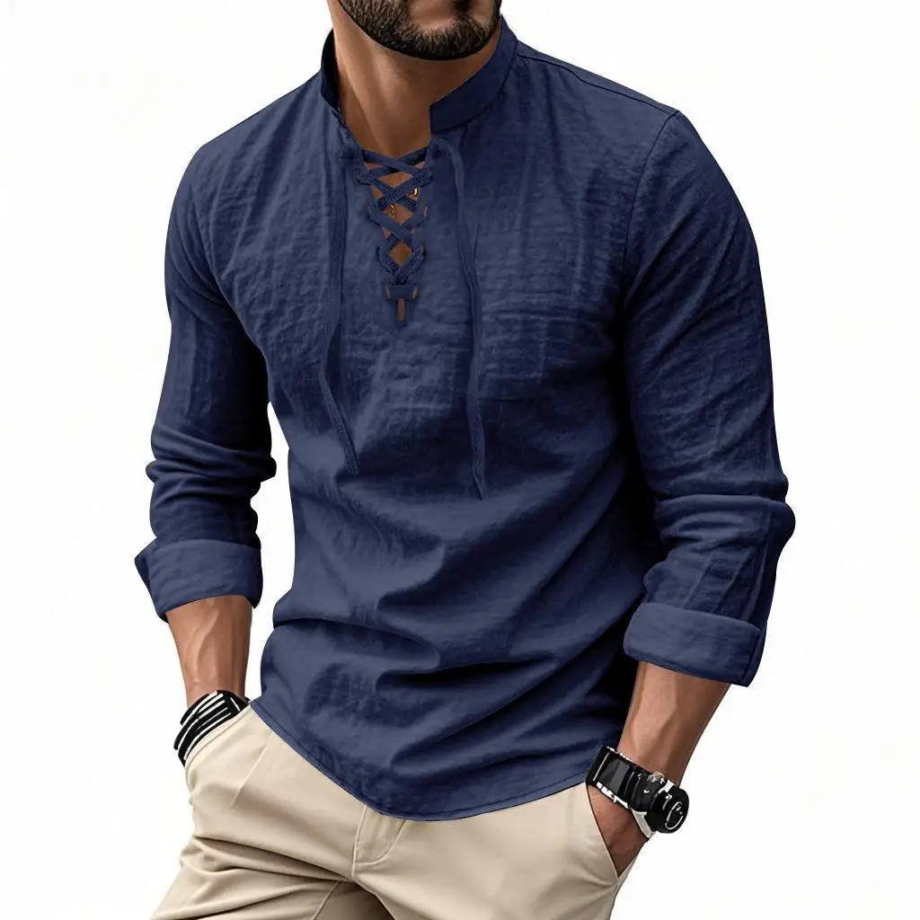 

Men's Pure Color Long Sleeve Linen Henry Shirt Casual Beach Stand Collar Shirt Comfortable Lightweight Summer Fashion Top