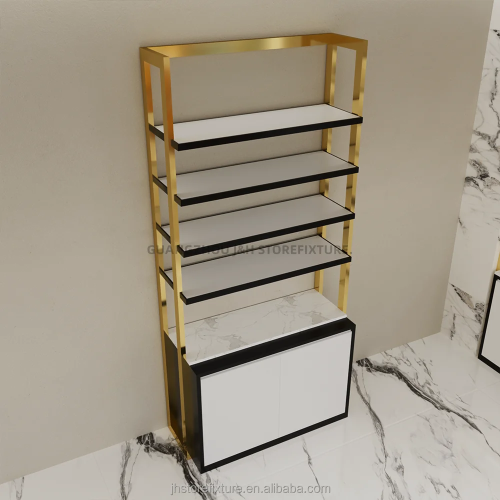 ชั้นวางสินค้าสำหรับร้านค้าปลีกแบบติดผนังสำหรับเครื่องสำอางและผลิตภัณฑ์ความงาม ทำจากสแตนเลสแบบตั้งพื้น