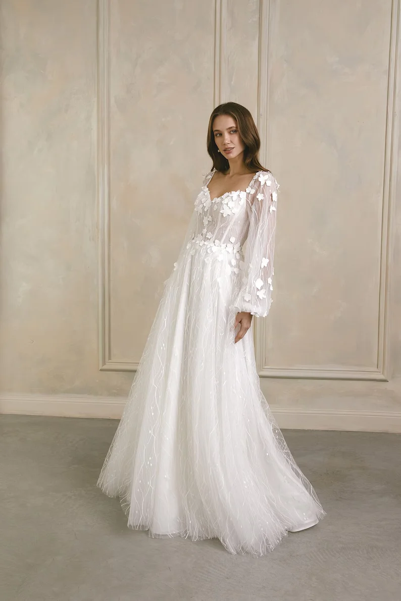 Customized 2026 New Elegant Bohemian Floral Minimalist Wedding Dress With Backless Long Sleeved A-Line Ballroom Bridal Dress