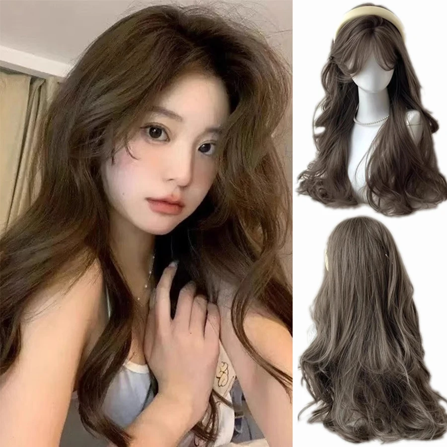 24 Inch Mint Brown Synthetic Hair Wig Women's Long Hair Middle Part Bangs Long Wavy Hairs for Women Daily Cosplay Heat Resistant