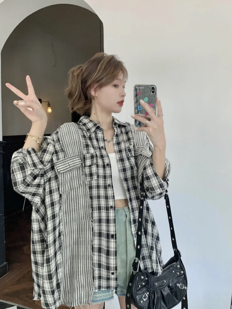 Vintage Patchwork Plaid Shirts Women Autumn Long Sleeve Oversize Button Up Shirt Korean Fashion Casual Fall Outwear Tops 2024